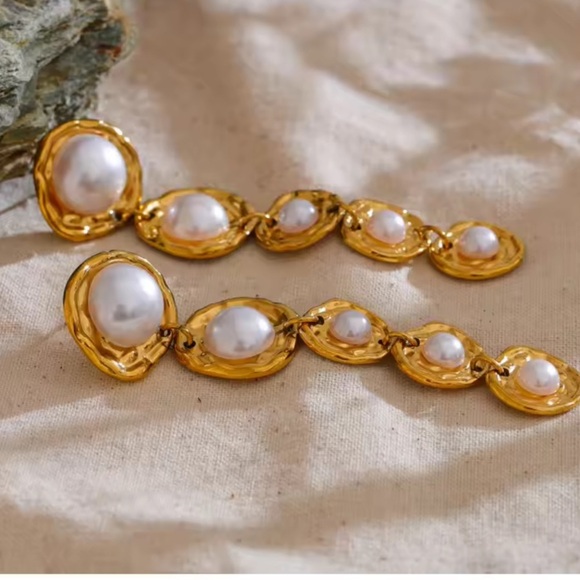 Gold Drop Earrings with Imitation Pearls – Stainless Steel, Real Gold Plated - Picture 10 of 17